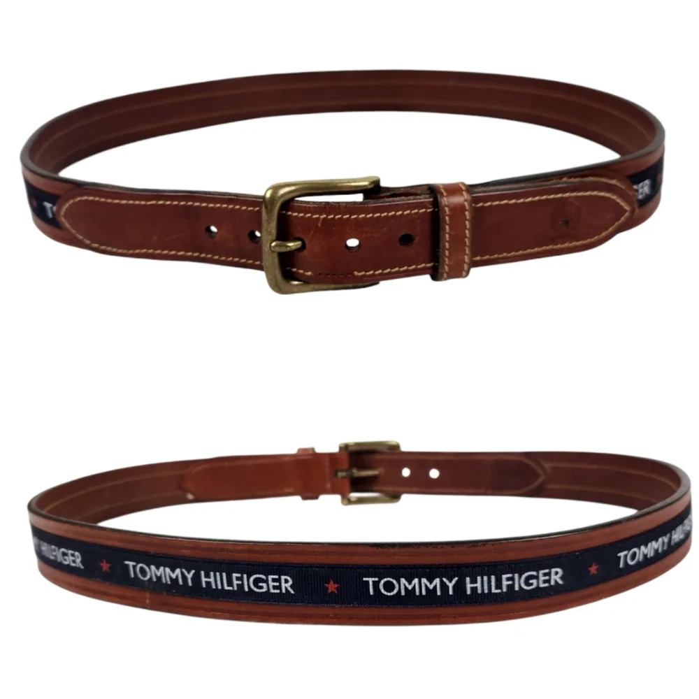 Tommy Hilfiger American Vintage Brown Leather Logo Belt 213210 Mens Size 34